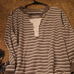 Gray and White Striped Polo Shirt with Henley Placket